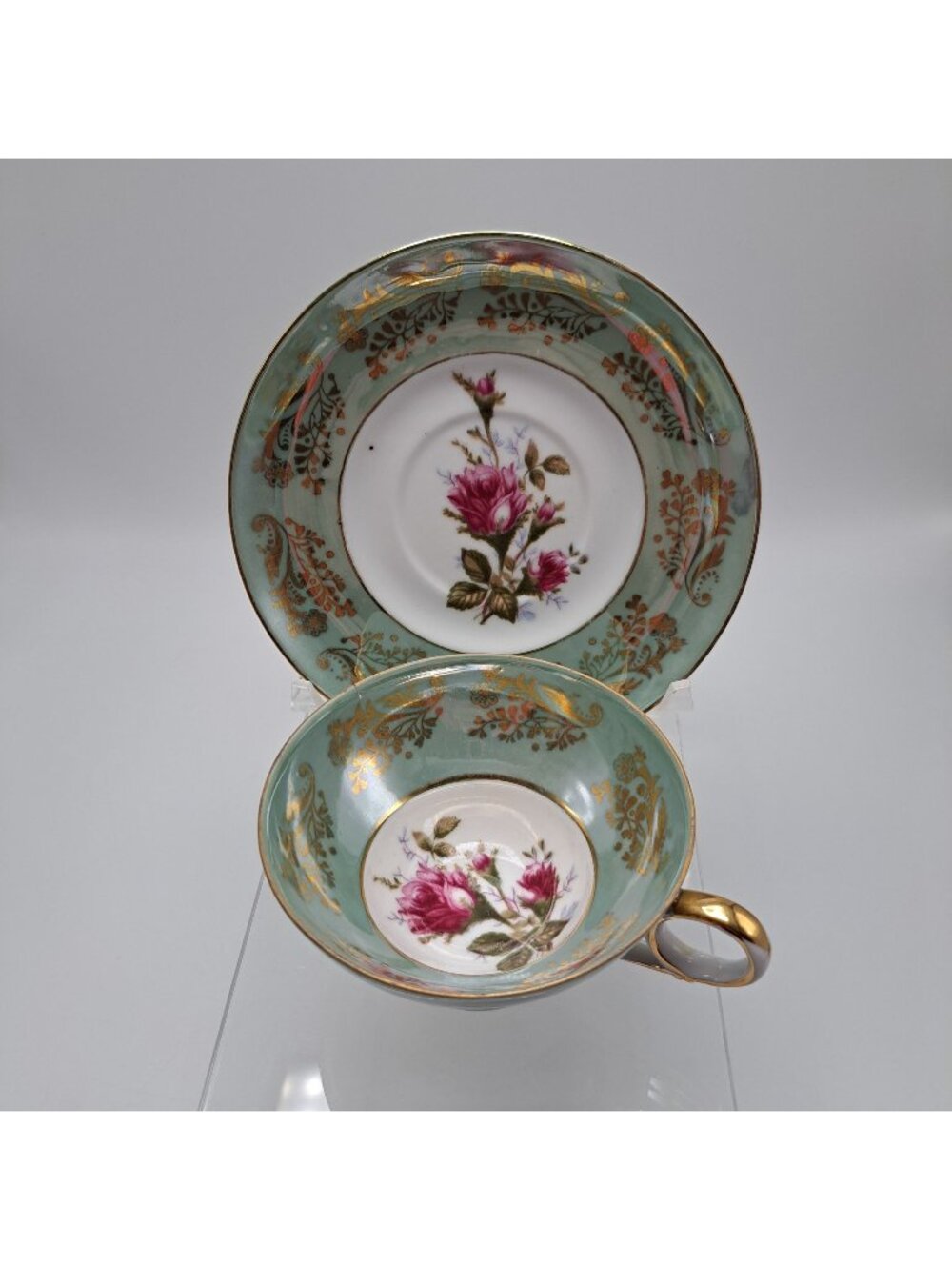 Royal Sealy Floral Rose Design Gold Japan Porcelain Teacup Saucer Set Vintage